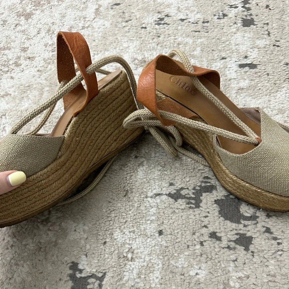 Chloe Lauren Espadrille Beige Suede Wedge Sandals Size 38 - Picture 3 of 7